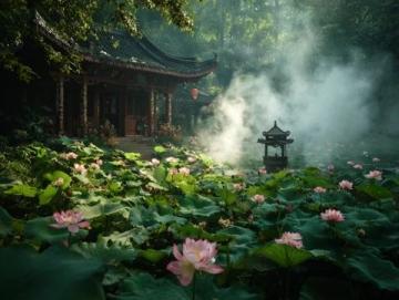 晨曦中荷塘边的静谧美景:邂逅赵王点将台与画师创作瞬间